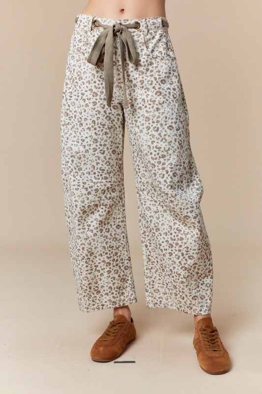 leopard tie waist barrel denim pants