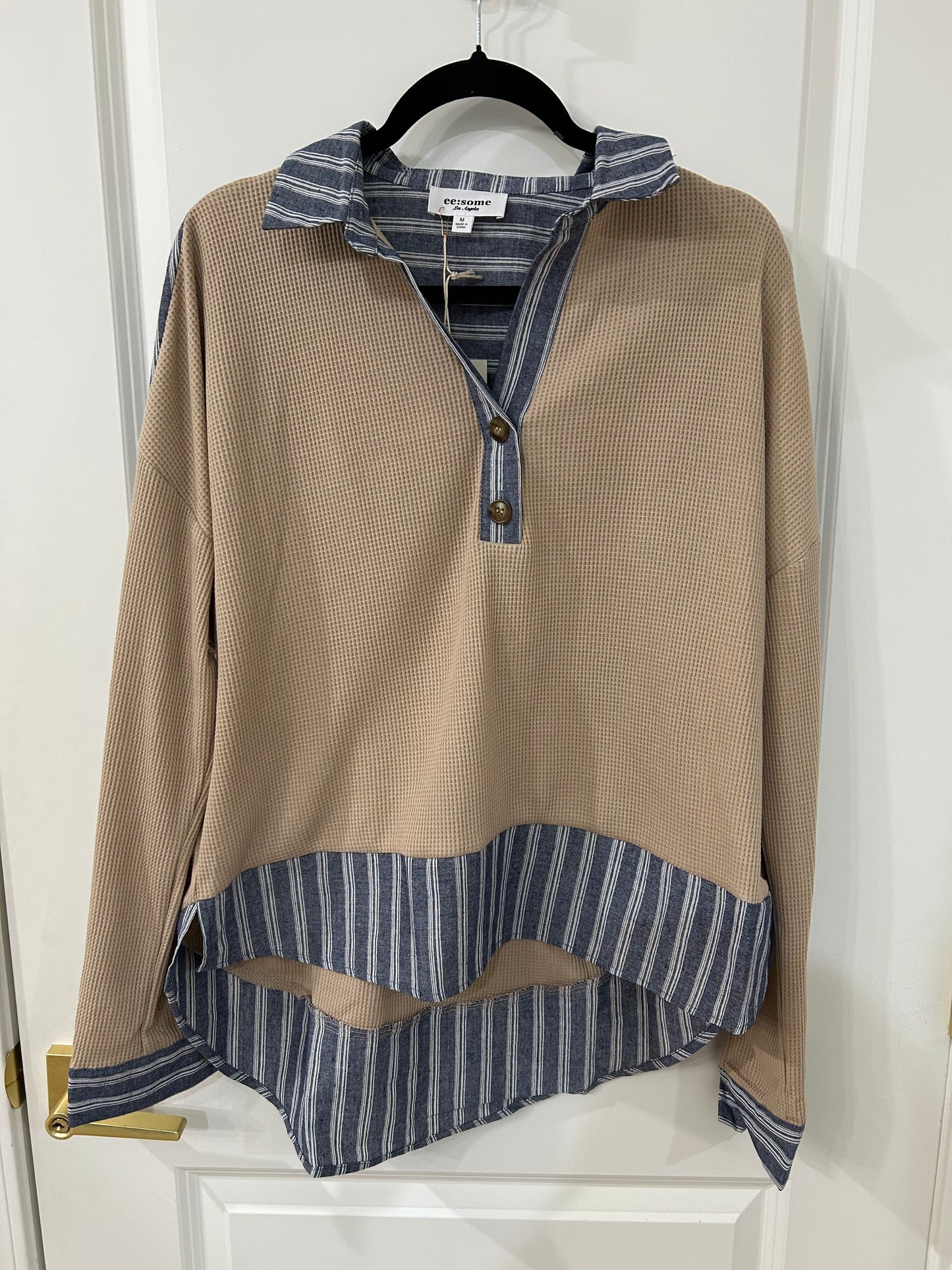 coco striped trim waffle knit top