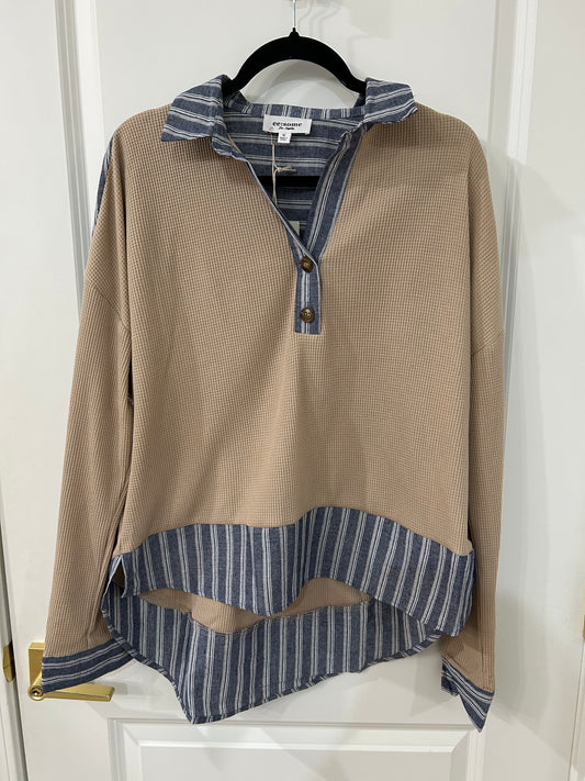 coco striped trim waffle knit top