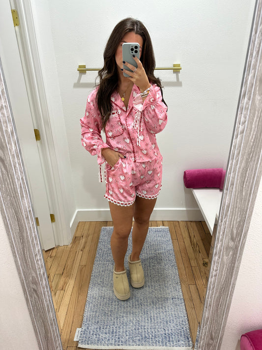 Satin Lace Heart Tie Pajama Short Set