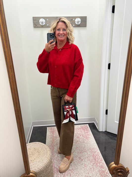 Red collared sweater cardigan