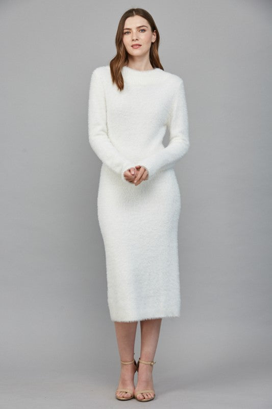 Cream fuzzy mock neckline midi dress
