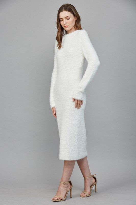 Cream fuzzy mock neckline midi dress