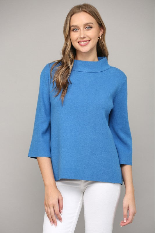 French blue mock neck pullover sweater