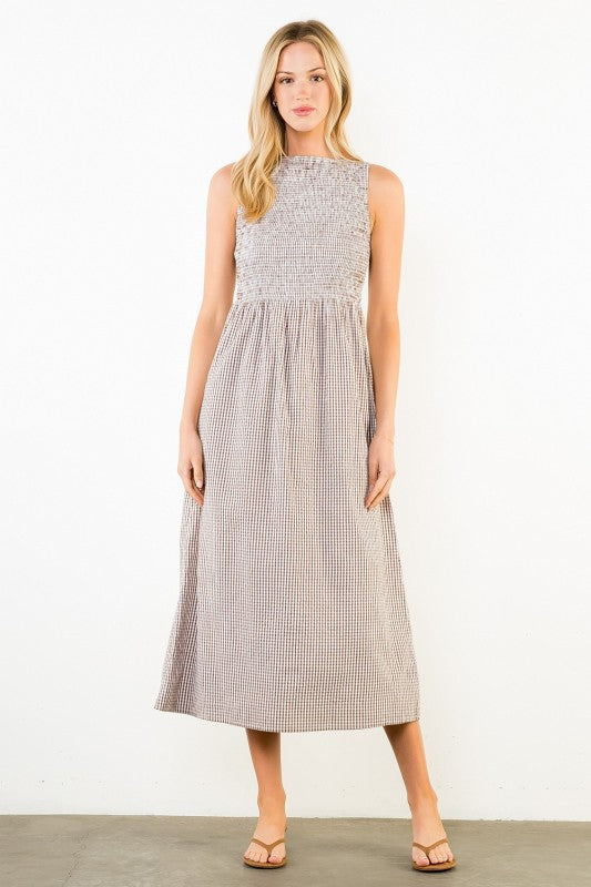 brown gingham smocked midi dress