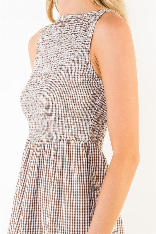 brown gingham smocked midi dress