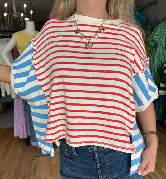 Mixed Stripe Color Cropped Tee