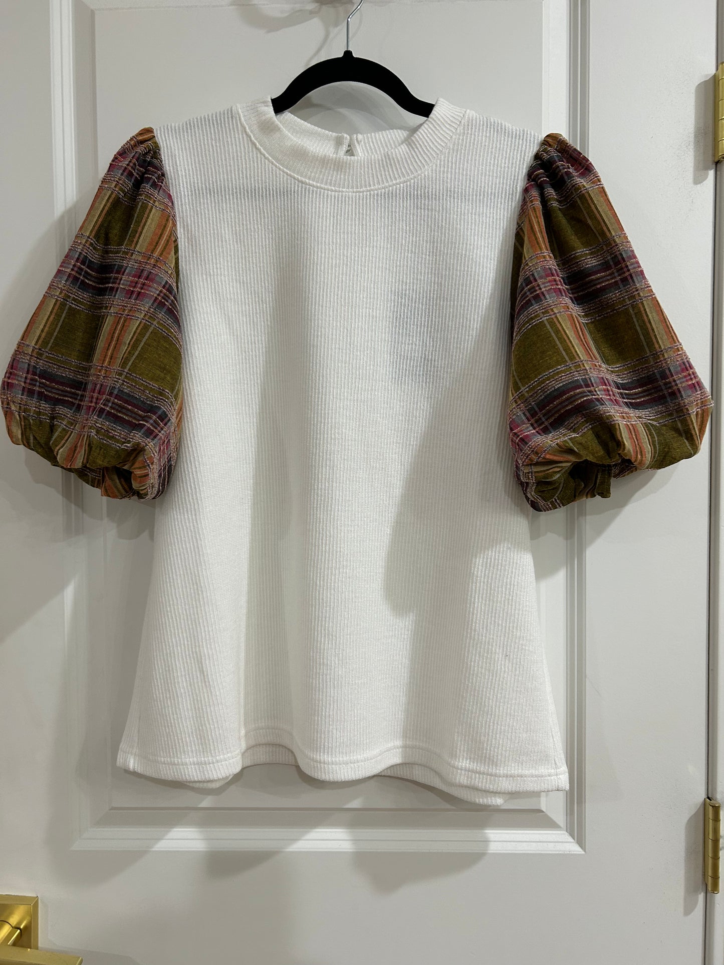 plaid puff sleeve mixed media top