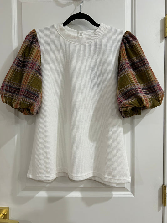 plaid puff sleeve mixed media top