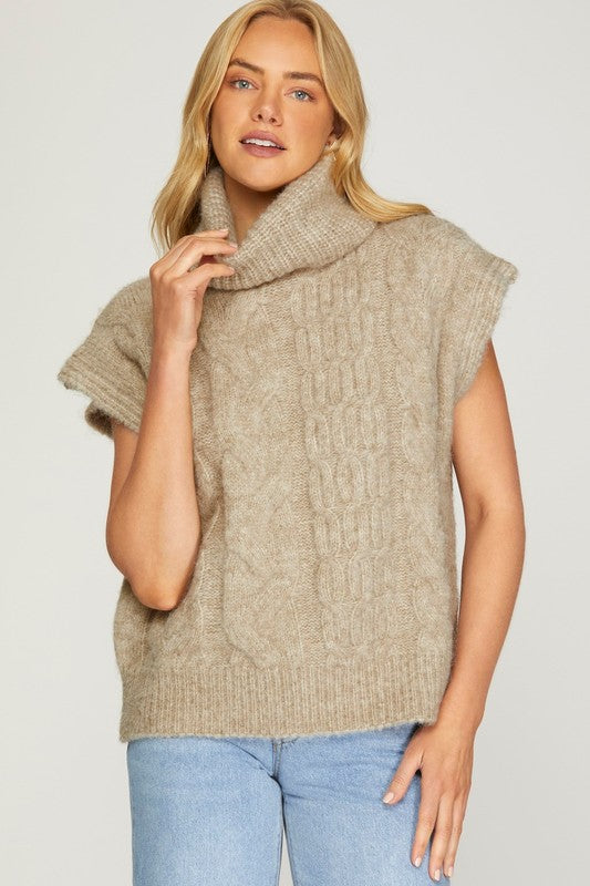 lt. taupe turtleneck sleeveless sweater