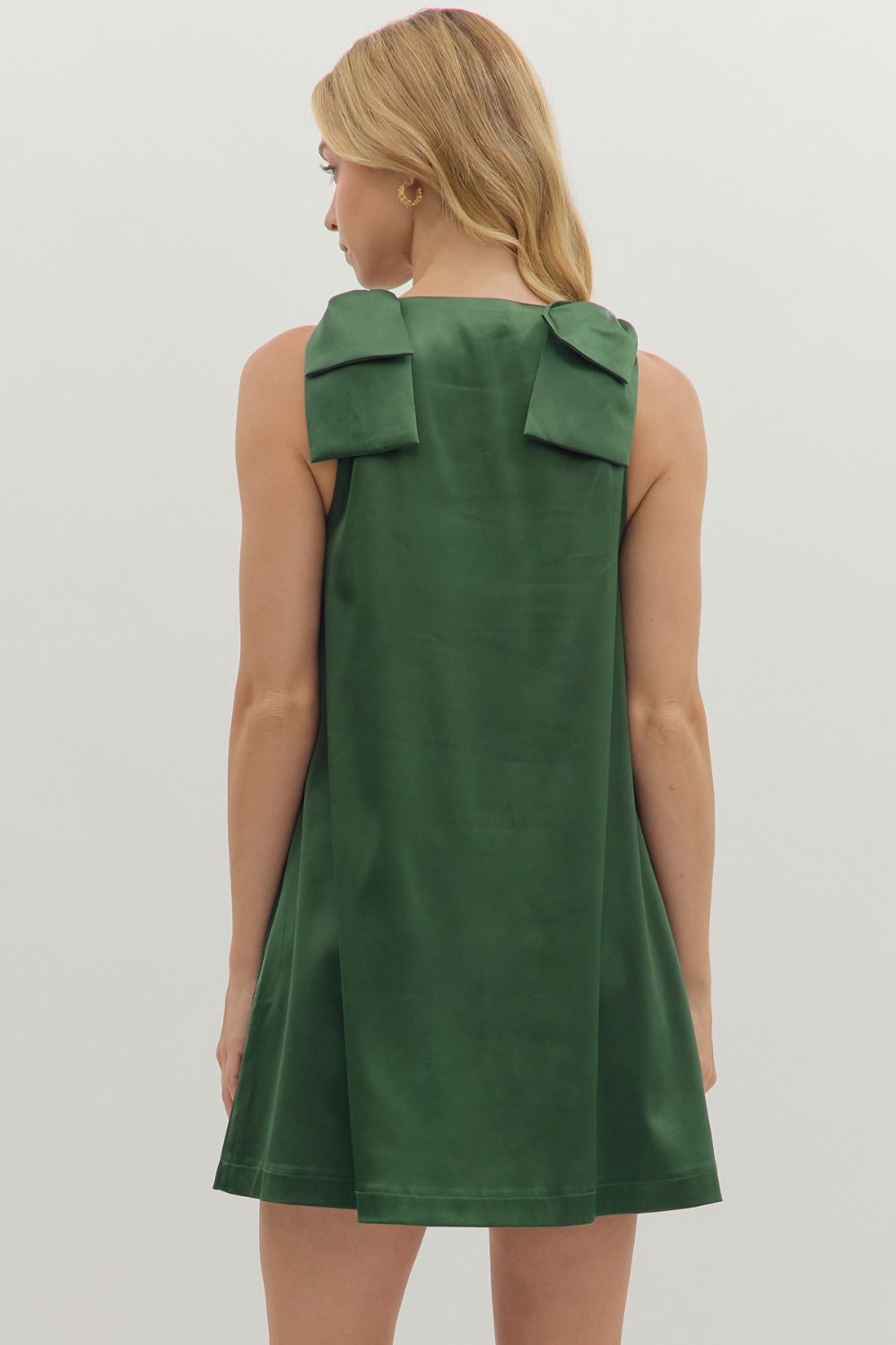 hunter green mini dress w/ bow shoulders