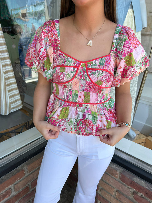 Contrast Piping Floral Blouse