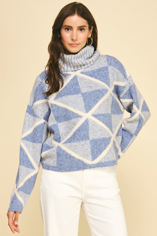 Blue geo printed turtleneck sweater