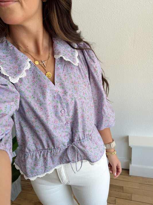 lavender floral poplin blouse