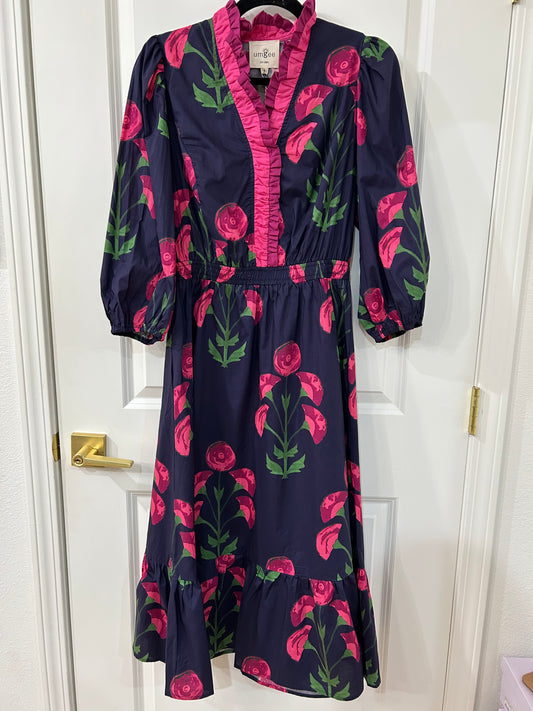navy mix floral midi dress