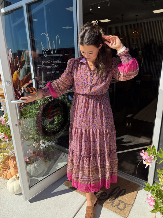 floral chiffon metallic thread maxi dress by KARLIE