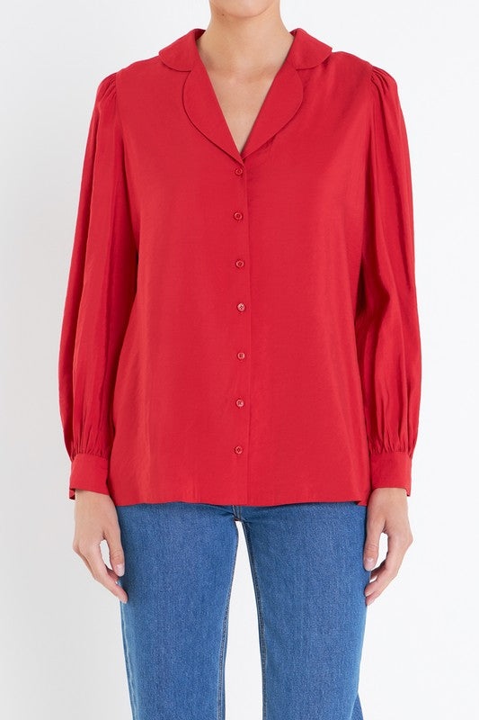 Scallop Collared Red Button Down top