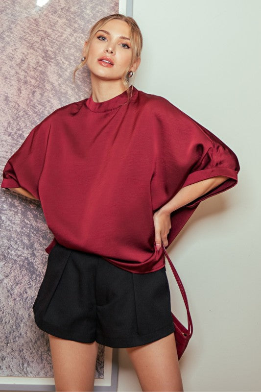 Mock neck oversized satin top (3 colors)