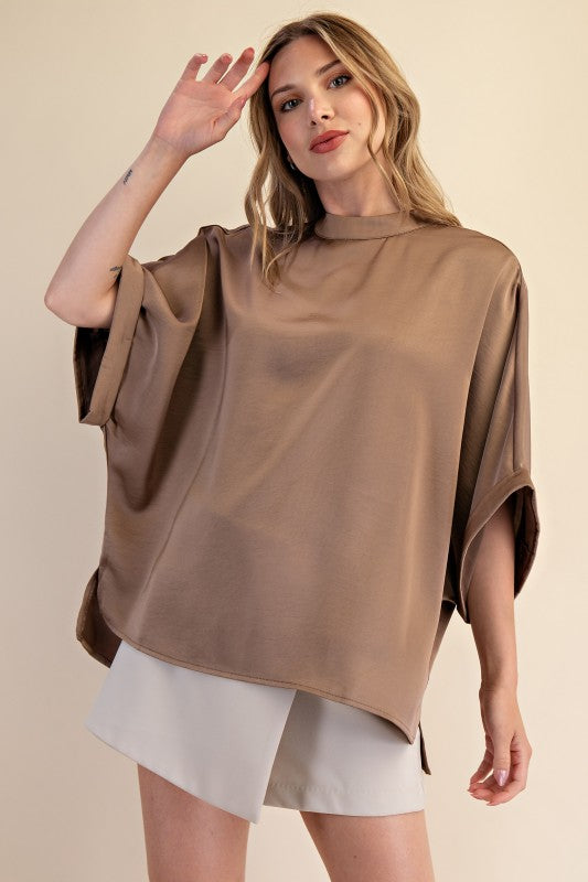 Mock neck oversized satin top (3 colors)