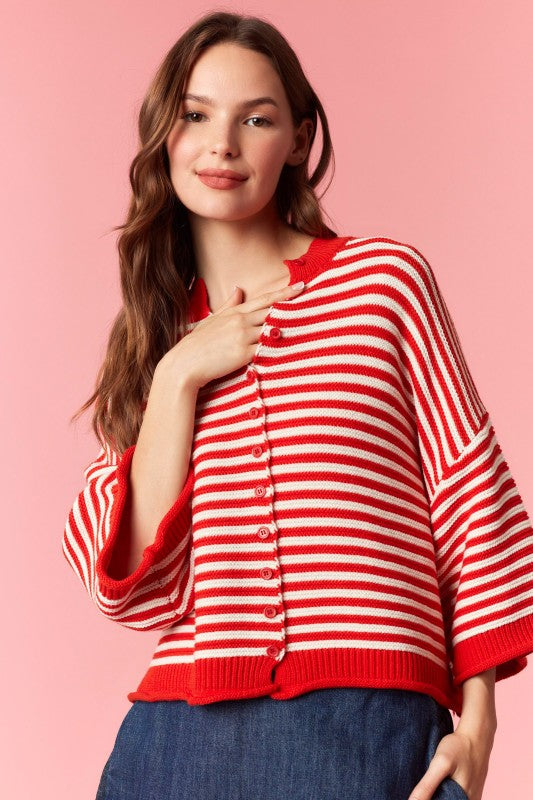 red/white striped button half sleeve cardigan