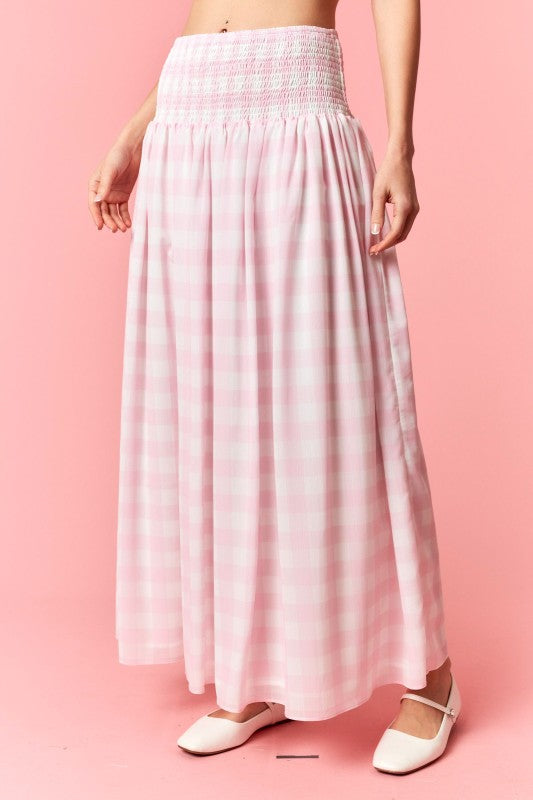 pink gingham smocked waist maxi skirt