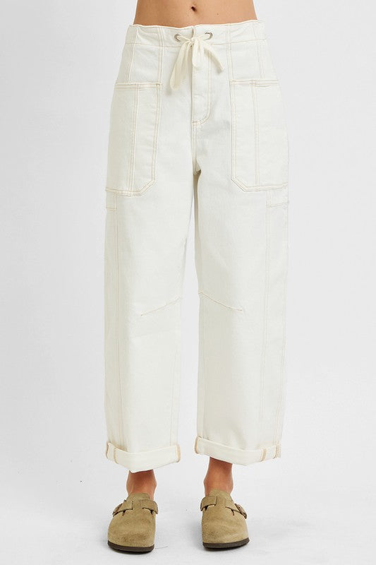 RISEN high rise crop barrel jeans- CREAM