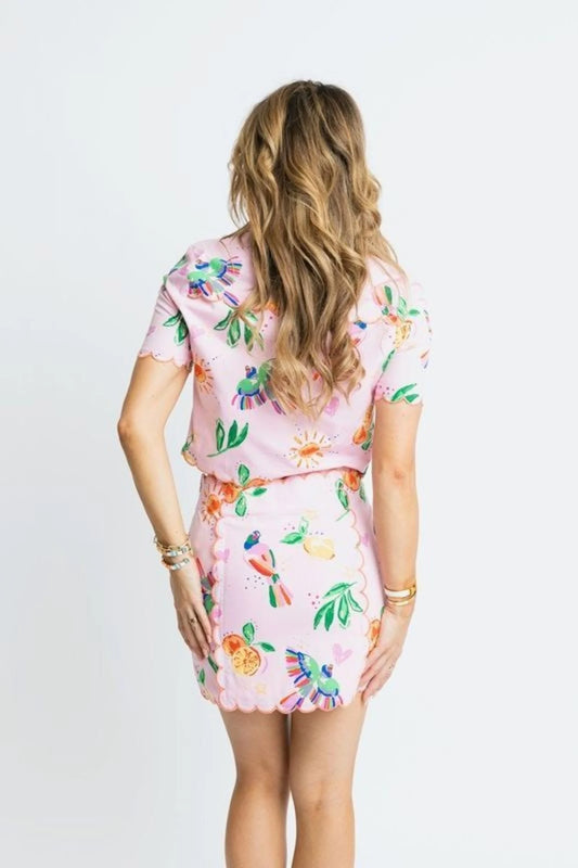 Toucan Fruit Scallop Top- KARLIE