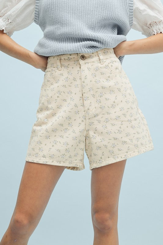 cream/blue denim floral shorts