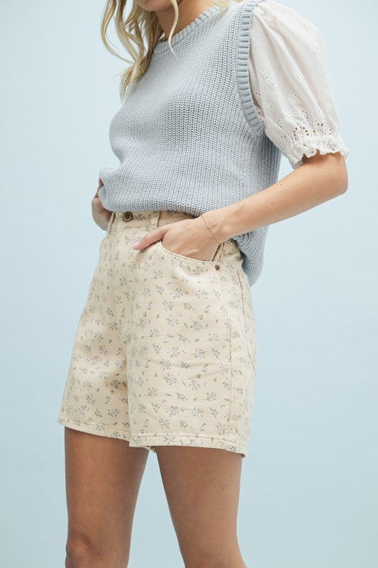 cream/blue denim floral shorts