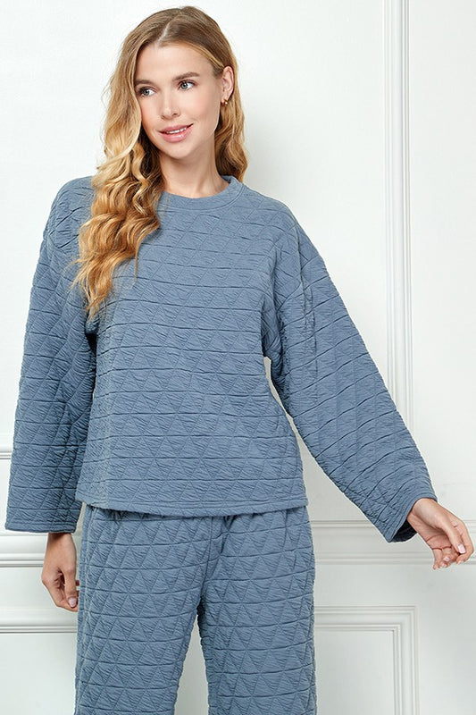 Quilted long sleeve top- blue