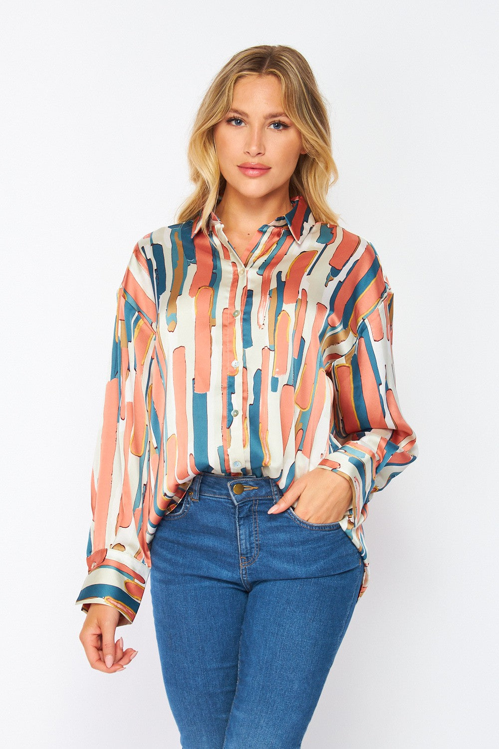 Coral satin blouse
