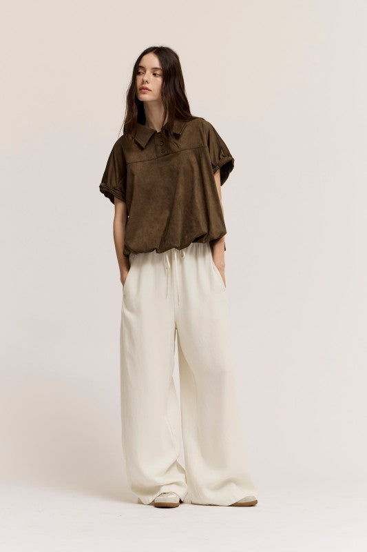 mocha bubble hem suede shirt top