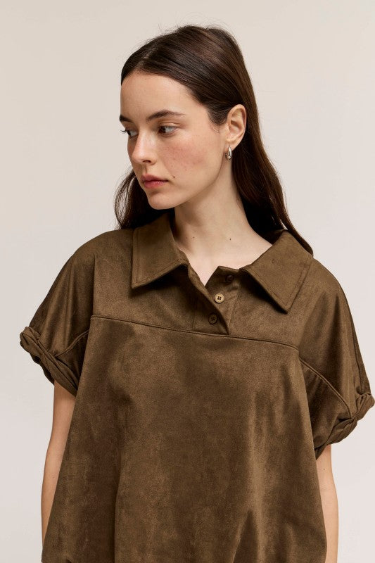 mocha bubble hem suede shirt top