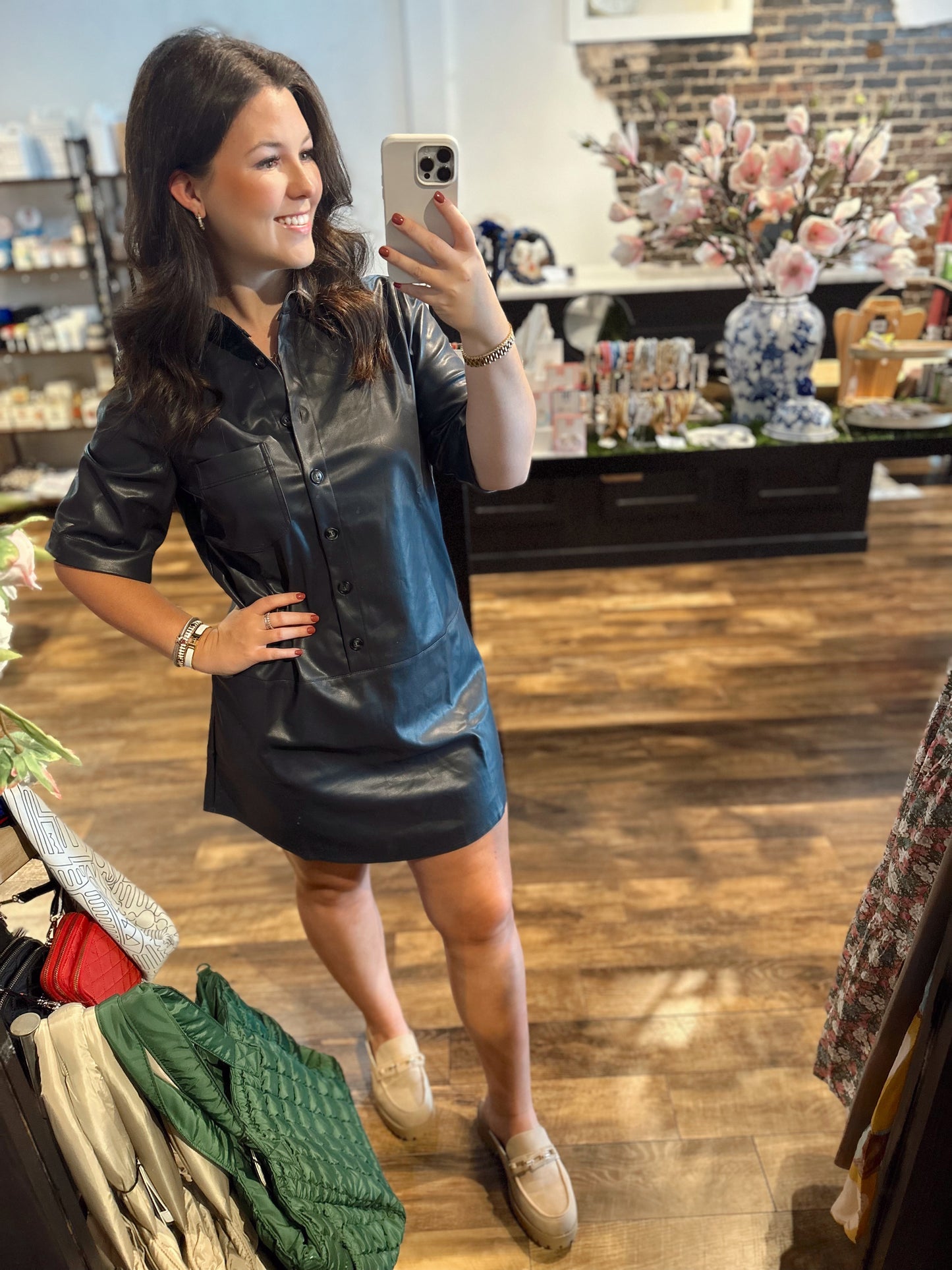 Short Sleeve Leather charcoal dress