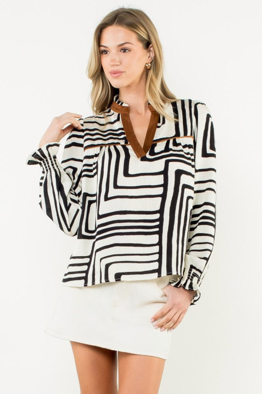Long sleeve geo print top