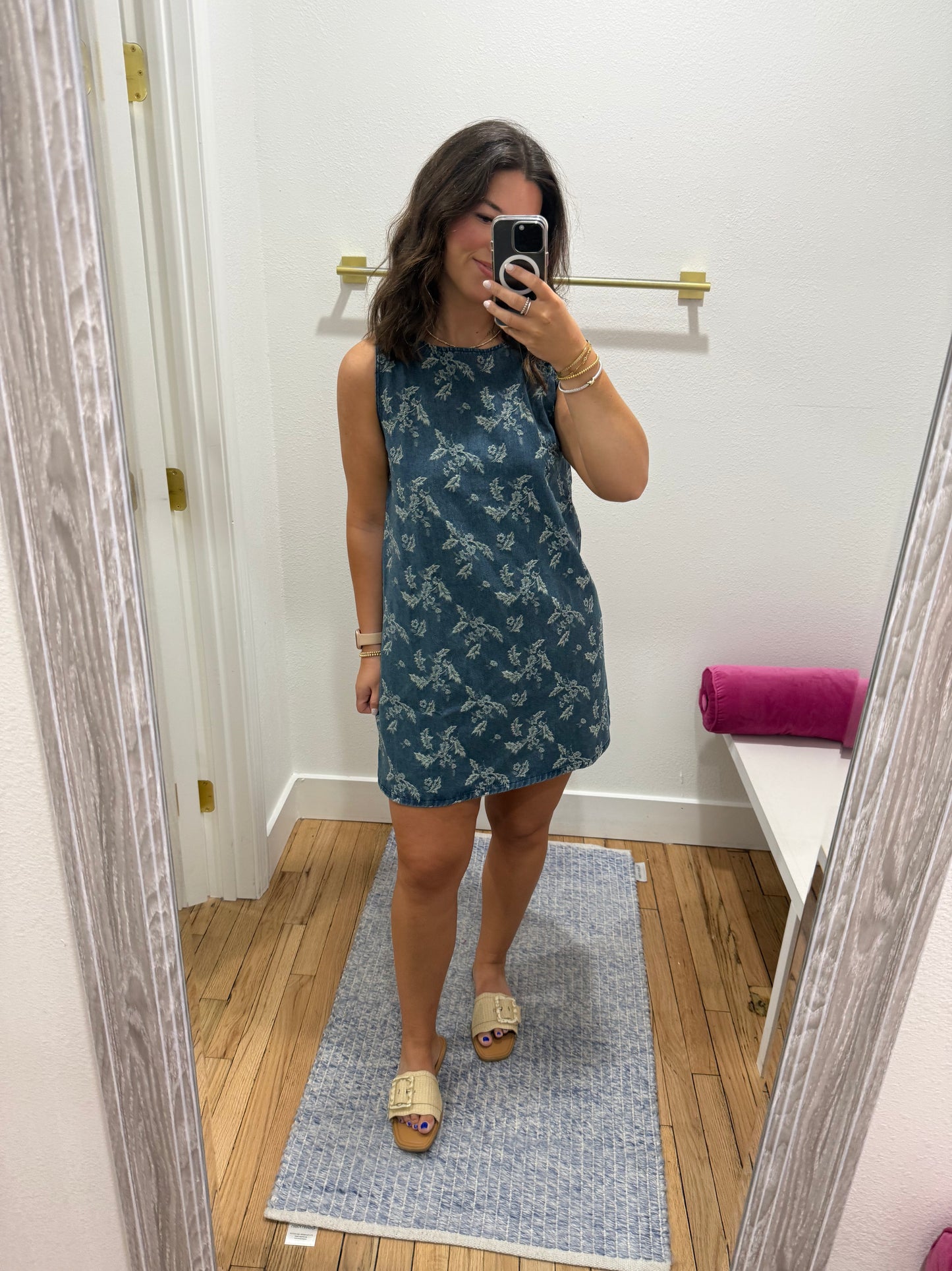 denim floral textured mini dress