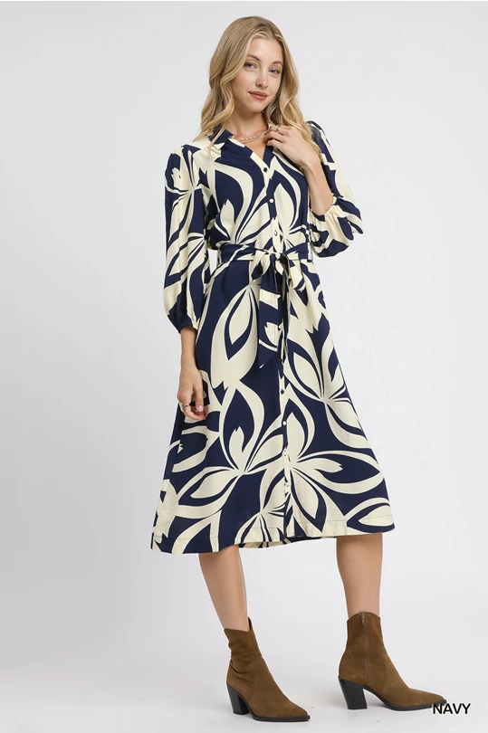 navy botanical midi dress
