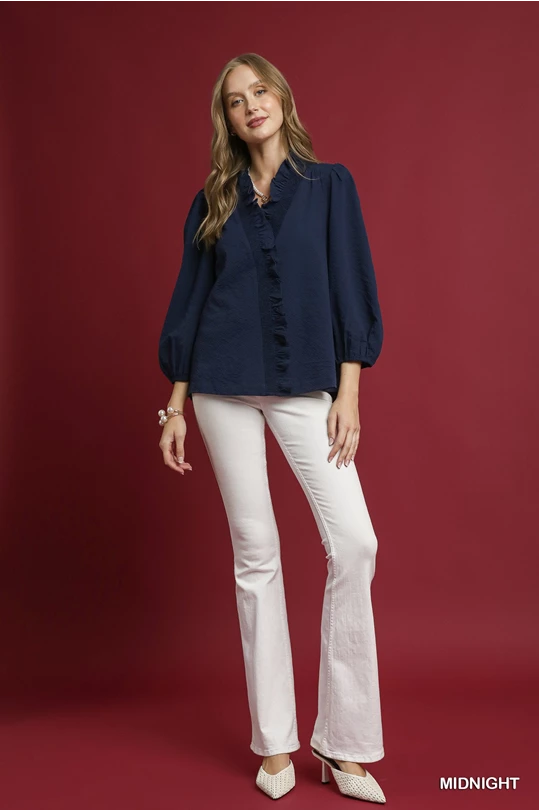 midnight navy ruffle front top