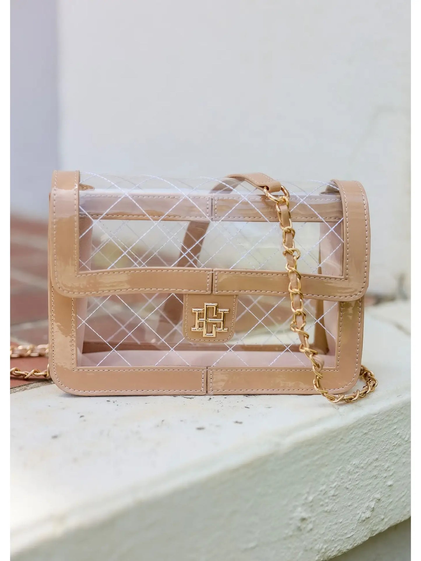 Quinn Quilted Nude Patent Clear bag by CAROLINE HILL