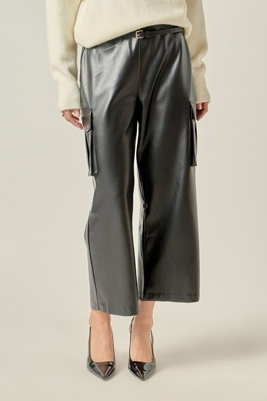 Faux leather cropped cargo pants