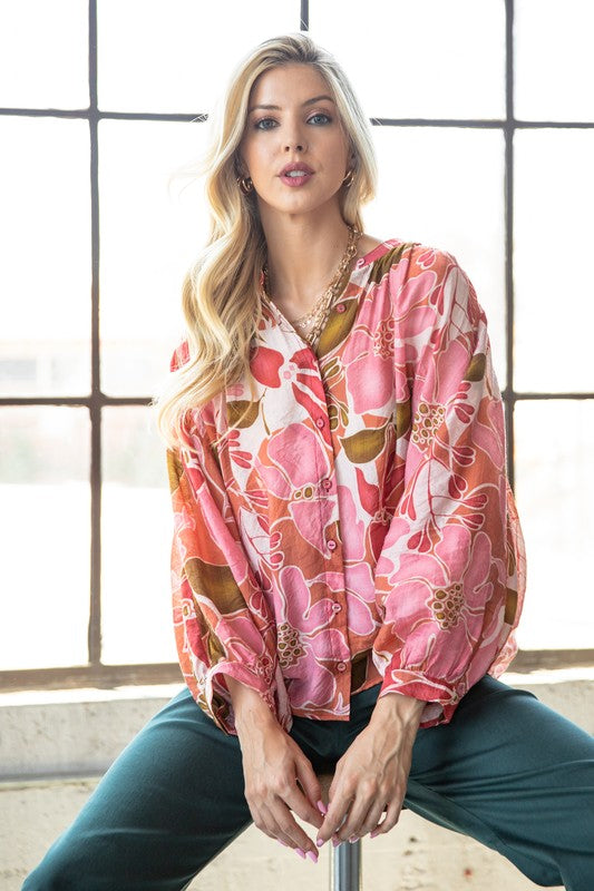 coral floral blouse