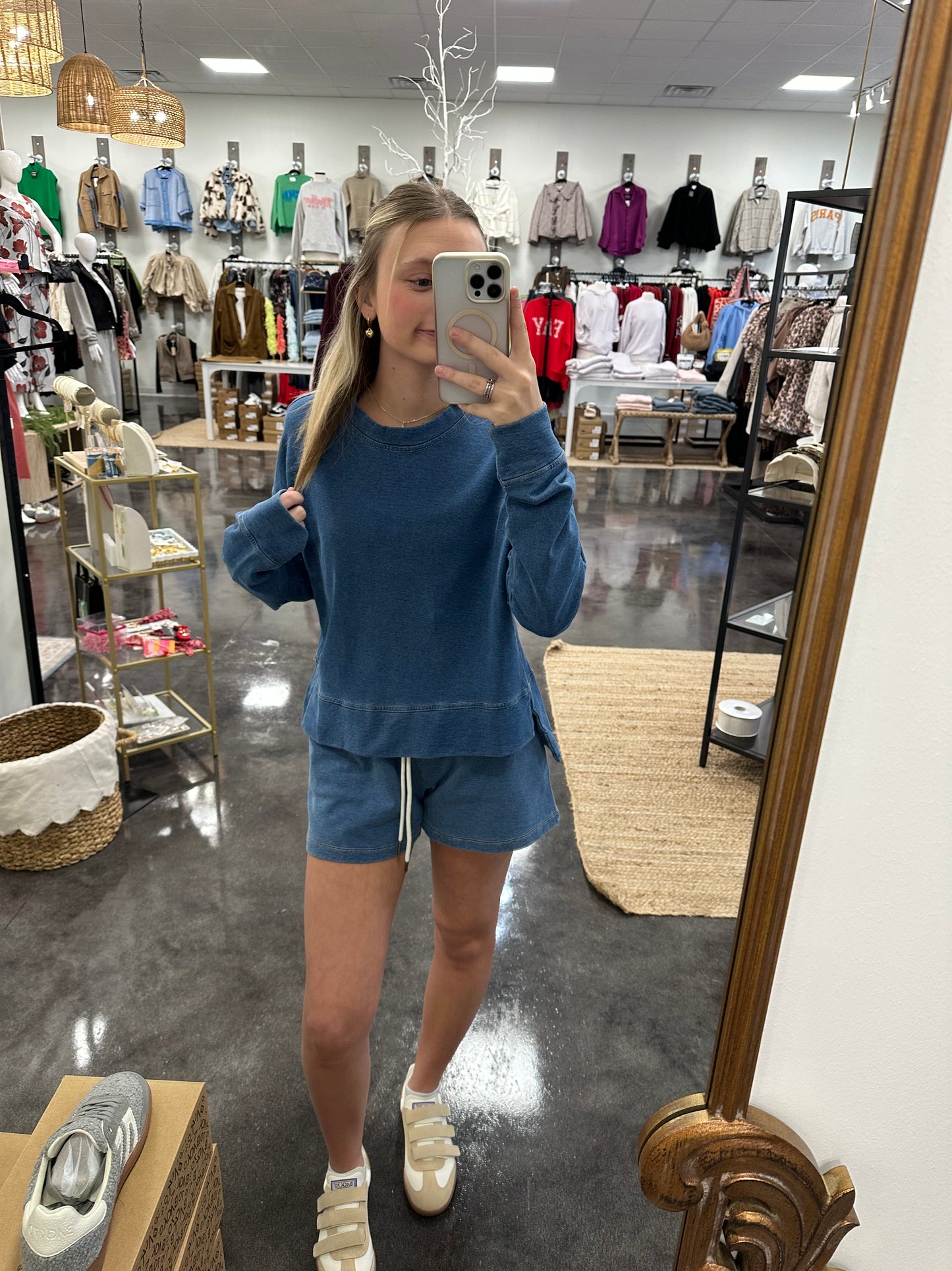 denim terry round neck long sleeve top- medium blue