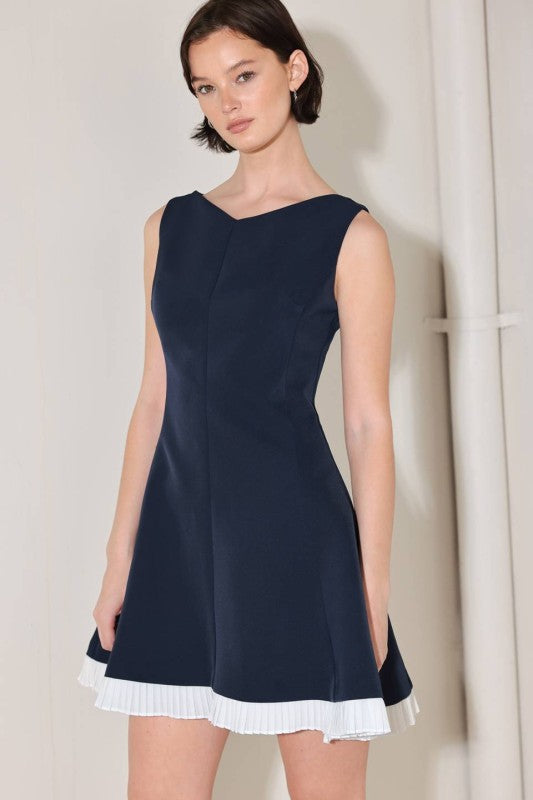navy/white pleated hem mini dress