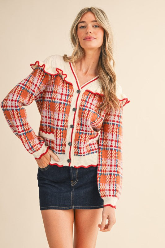 Plaid Rust Ruffle neck sweater