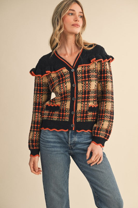 black plaid ruffle neck sweater