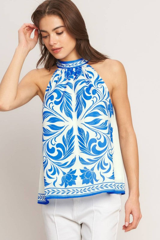 blue/white halter printed top