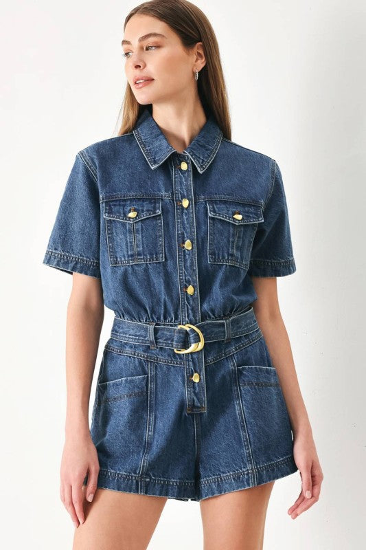 denim buckle romper