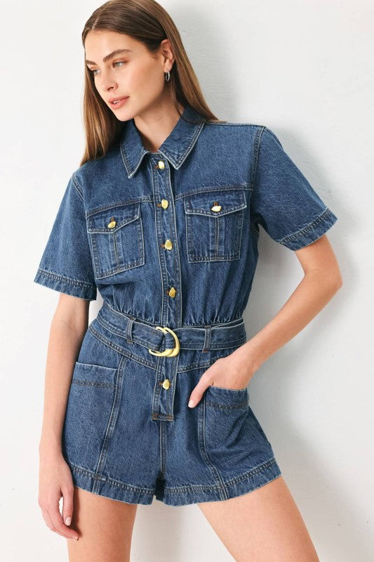 denim buckle romper