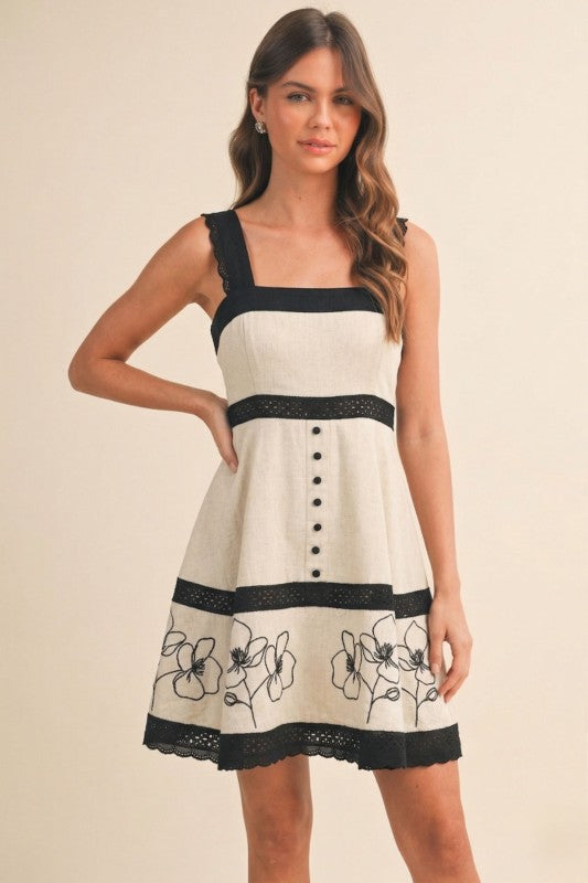 contrast lace embroidered mini dress