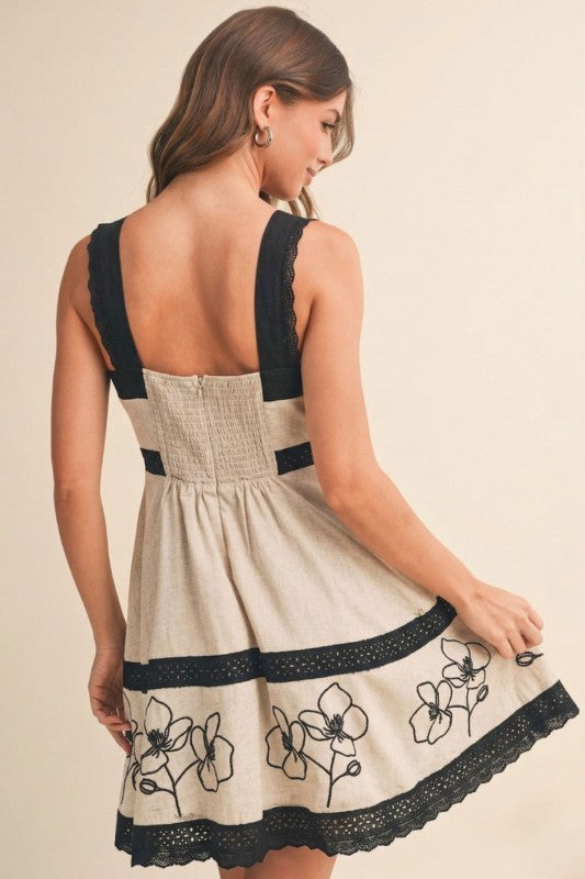 contrast lace embroidered mini dress